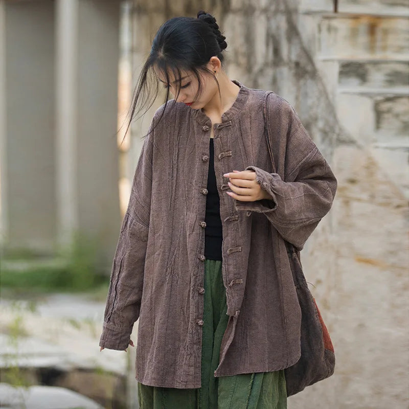 Johnature Women Vintage Ramie Shirt Jackets Stand Long Sleeve High Quality Coats 2025 Autumn New Button Loose Women Jackets