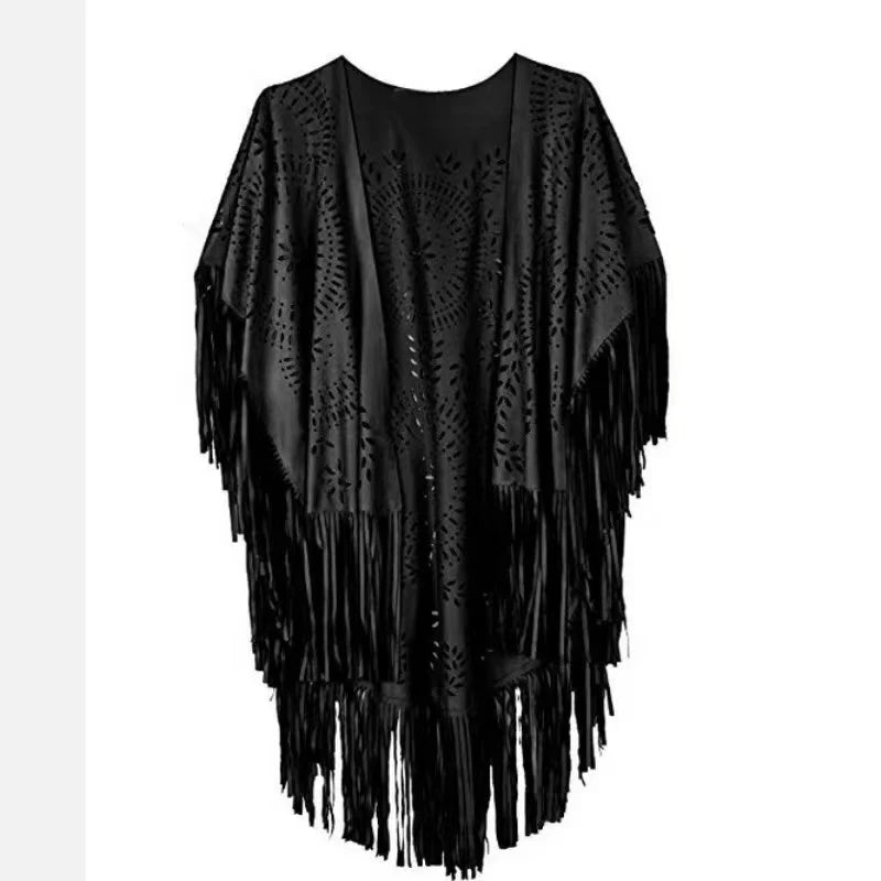 Women's Tassels Sleeveless Vest Hippie Faux Suede Fringe Jackets Cardigan Summer Hollow Waistcoat Outwear Tops