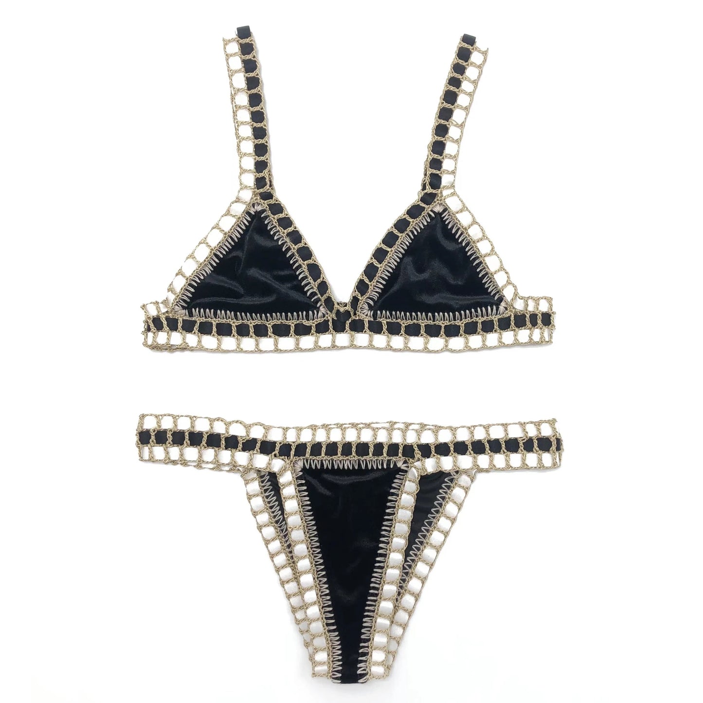 Women Green Velvet Bikini Set Sexy Handmade Crochet Black Swimwear Girls Pink Swiming Beachwear Triangle Bathing Suit Swimsuit