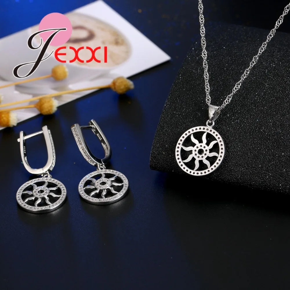 Fine 925 Sterling Silver Brand Jewelry Set for Wedding Engagement Fashion Round Hollow Pendant Necklace Earring Sets