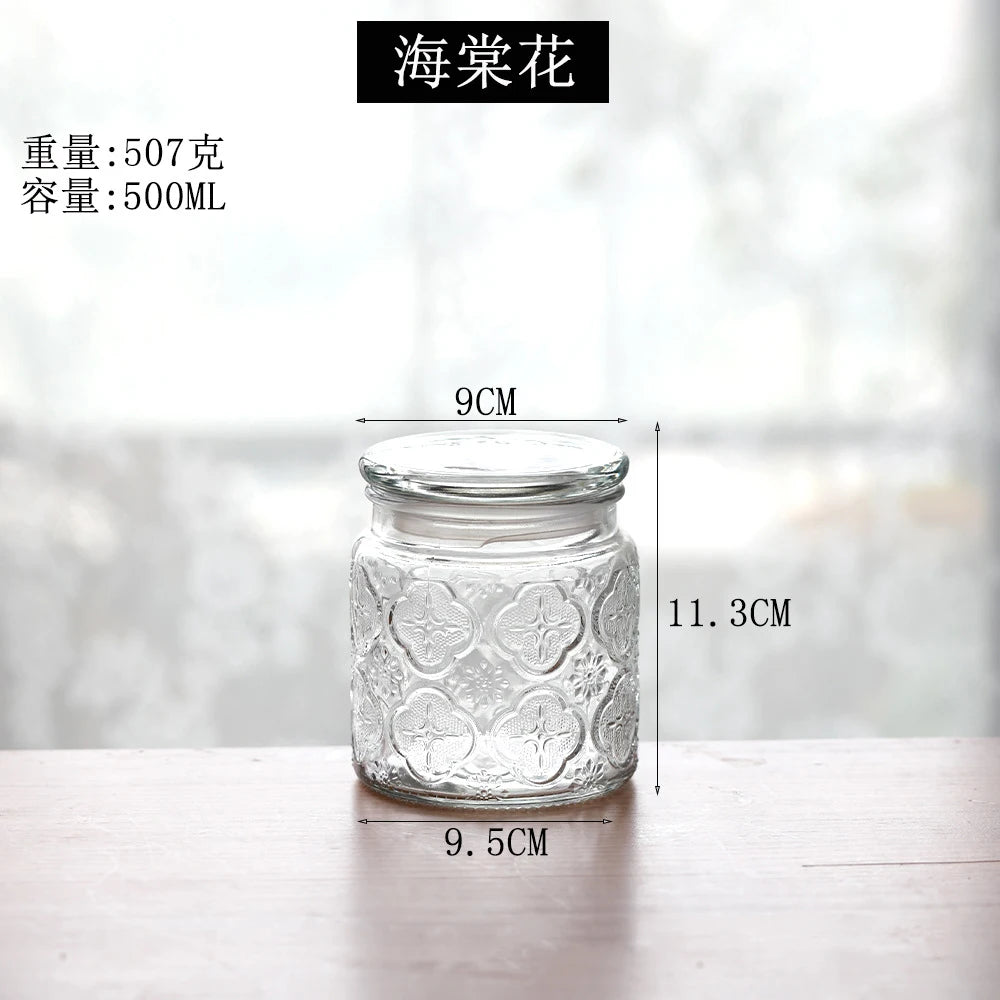 Retro Transparent Glass Sealed Jar Glass Lid Storage Jar Begonia Flower Glass Bottle Candy Storage Jar Kitchen Storage Supplies