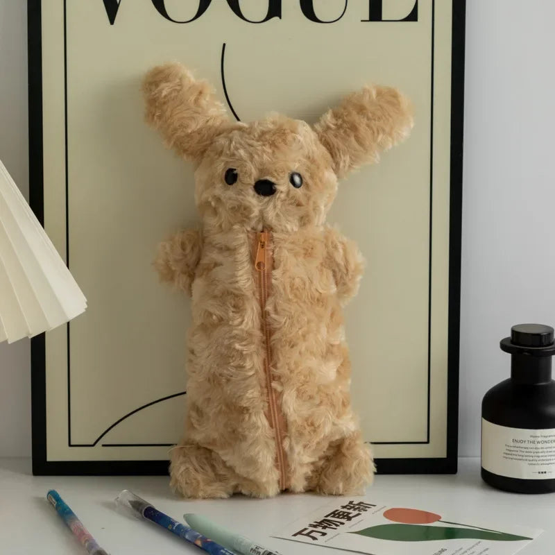 Korea Style Puppy Pencil Case Soft Plush School Stationary Big Capacity Pen Bag For Student Stationary