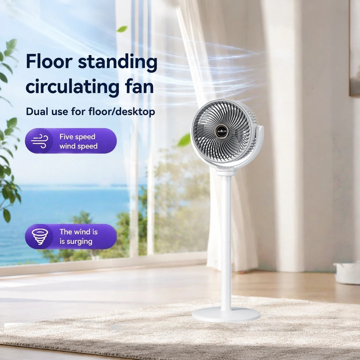 3-in-1 Modern Air Circulator Fan 5 Speeds 4 Heights Quiet Portable Pedestal Stand Fan USB-C for Home Bedroom Office RV Camping