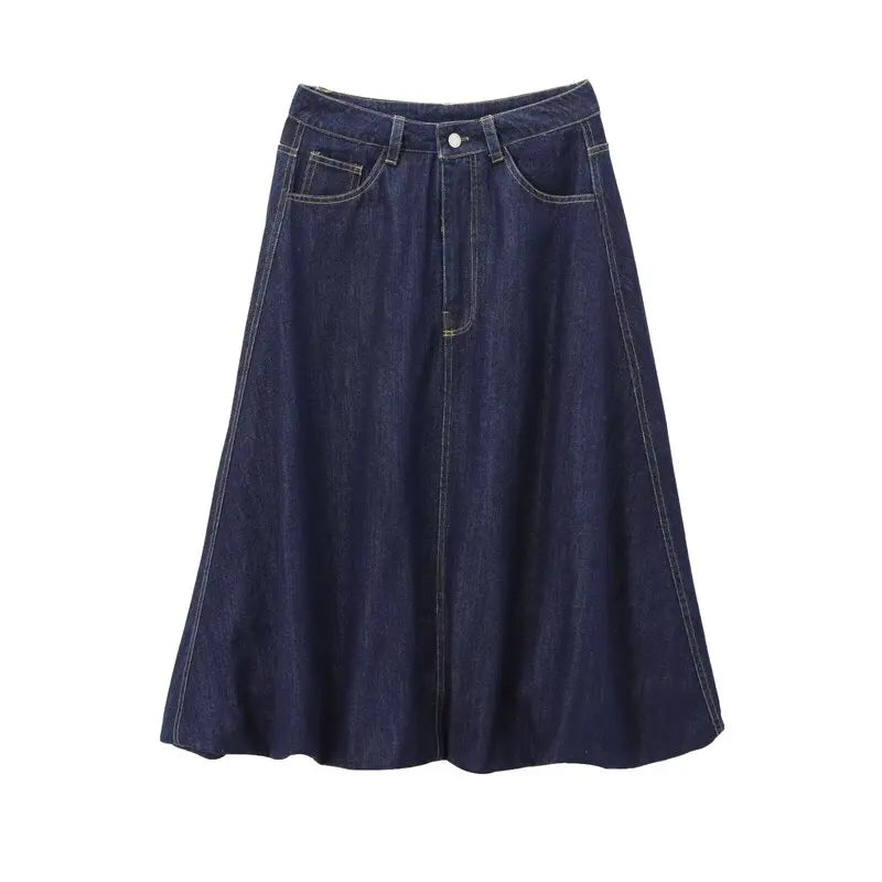 Women's Mid-Waist Cotton Denim Casual Skirt Autumn Winter New Arrival Balloon Sle Midi Skirts Versatile Faionable