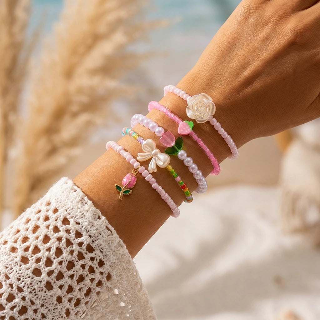 Cute Coral Starfish Shell Multi-Layer Bracelet for Women Ocean Series Fashion Stackable Beaded Jewelry Accessories