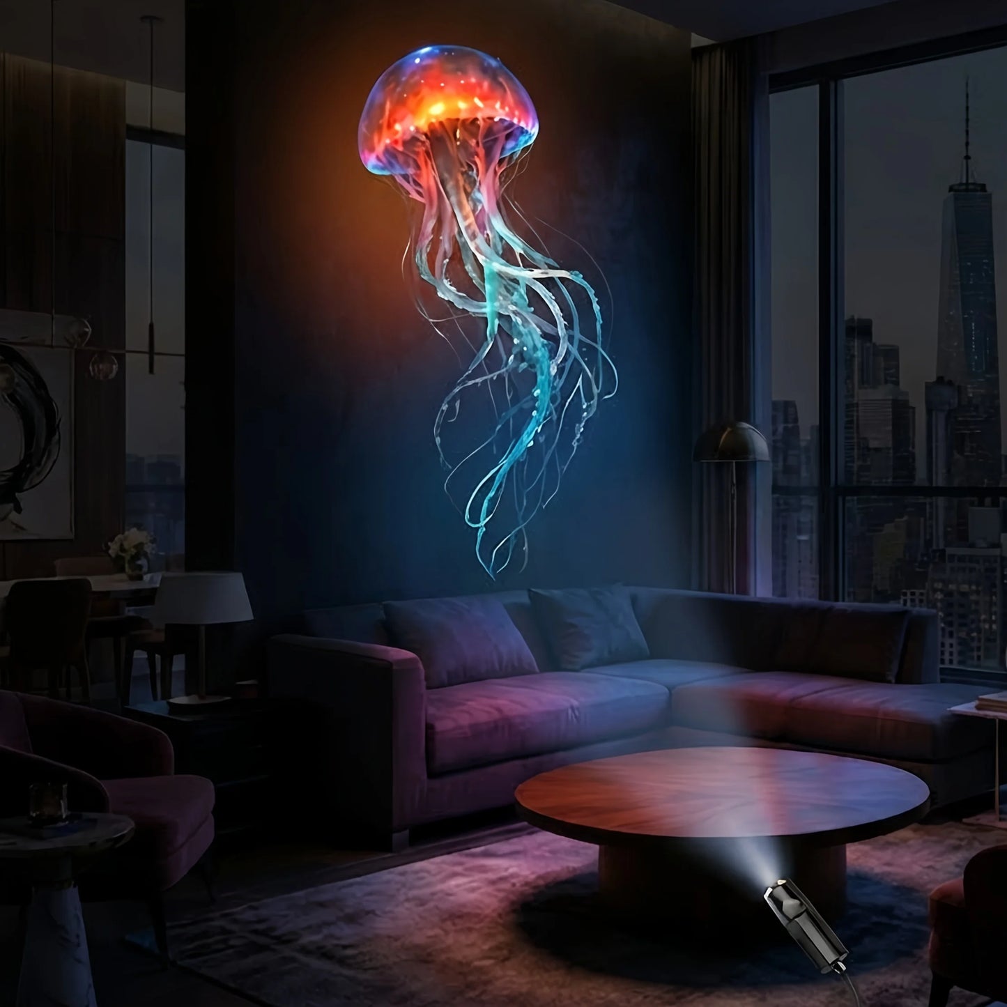 Portable marine life projector light, featuring 8 light panels including jellyfish, whale, and sea turtle; USB powered, 360° rot