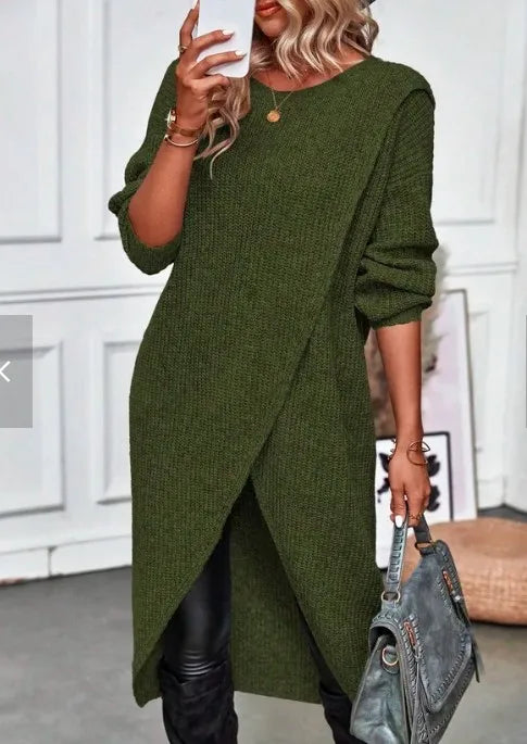 Women's Autumn Knitted Long Dress Solid Color Round Neck Pullover Long Sleeve Slim Temperament Commuting Irregular Dress Jacket