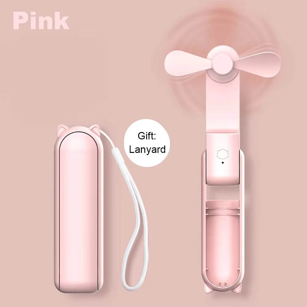 Portable Fan 2000mAh USB Rechargeable 3 Speed Mini Handheld Foldable Fan Hand Held Small Pocket Travel Fan with Handy Power Bank