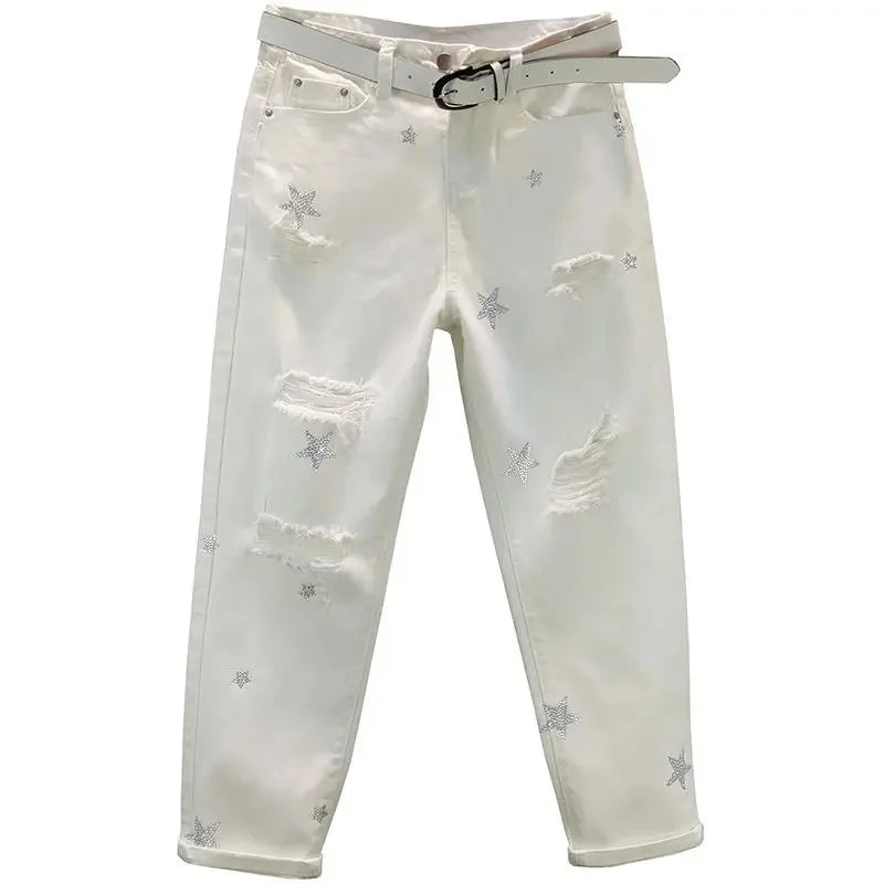 White Jeans Women's Spring Summer 2025 New Loose Star Studded Hot Stamping perforated Chimney Pants Female Casual Denim Trousers
