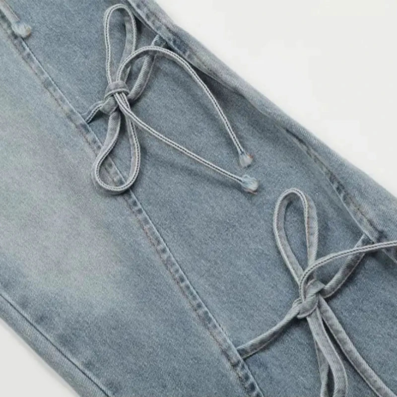 MEXZT Y2K 2000S Jeans Women Vintage Streetwear Bow Bandage Wide Leg Denim Pants Harajuku Korean Baggy Casual Straight Trousers