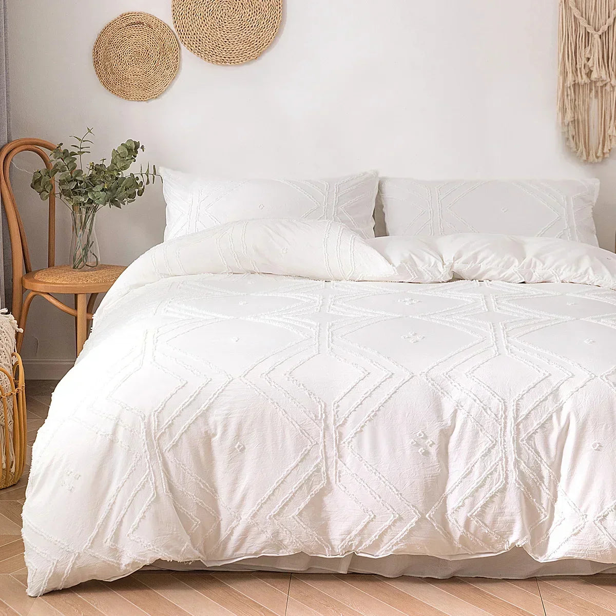 3PCS/set Khaki Tufted Duvet Cover Set Line Comforter Cover Geometric Bed Set Lightweight Down Bedding Set for All Season