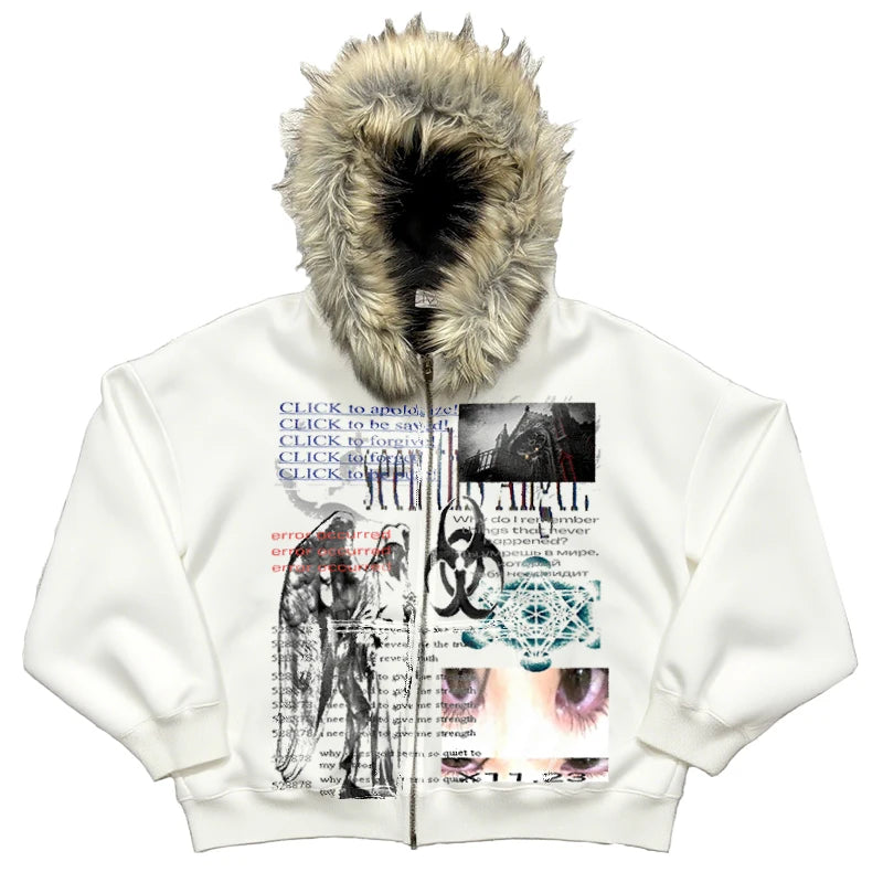 Y2k element horror parody plush thick warm fur collar hooded sweater lazy cardigan plush couple emo autumn and winter coat