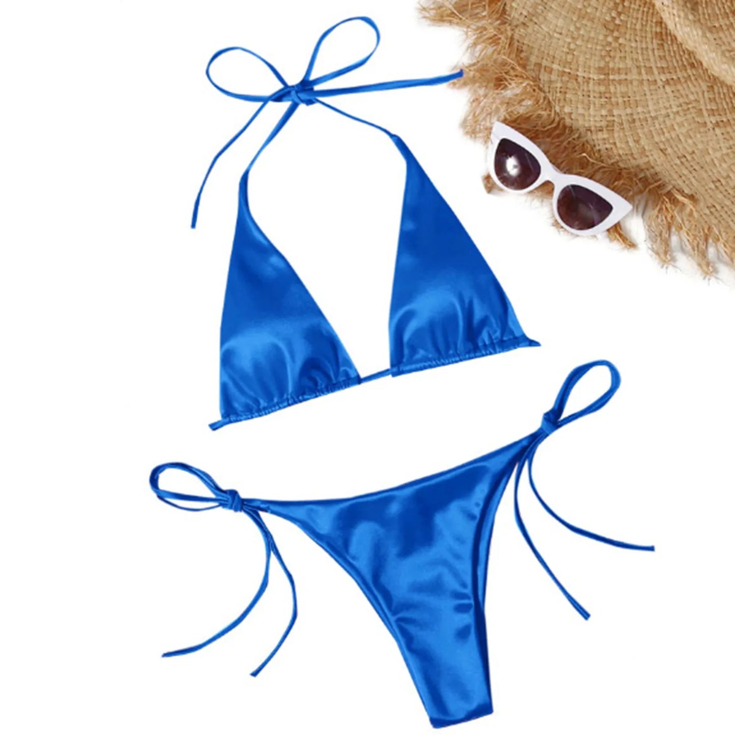 Brazilian Bikini Set Women Halter Neck Triangle Cup Swimwear Low Waist Satin Bandage Bikini Swimwear Summer Beach Bathing Suit