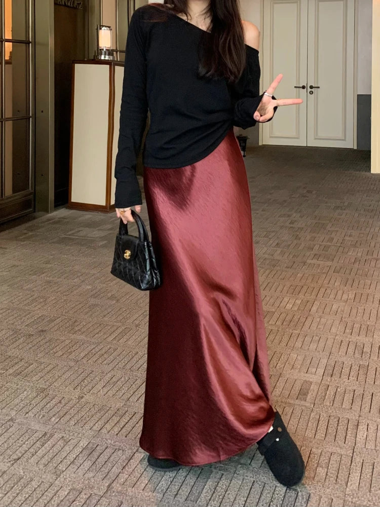 Spring Women's Long Skirts High-waist Luxury Satin Fishtail Skirt Ladies Elegant Loose Solid Gray Black A-line Skirts for Women