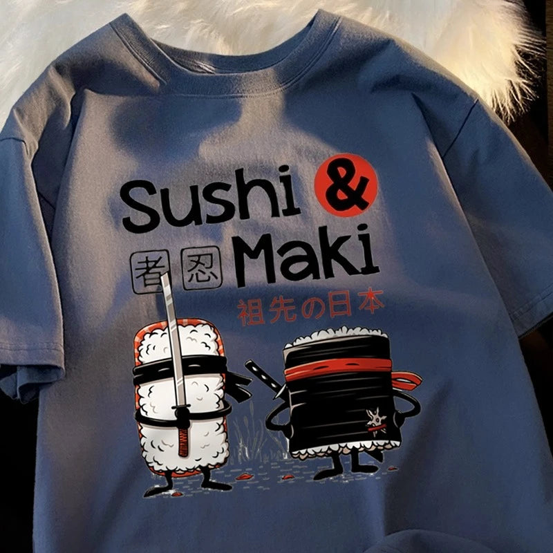 Theduc Sushi and Sushi Printing Men Women Tshirt Cotton T-Shirts Loose T Shirt Crewneck Loose Tops Fashion Clothes Unisex