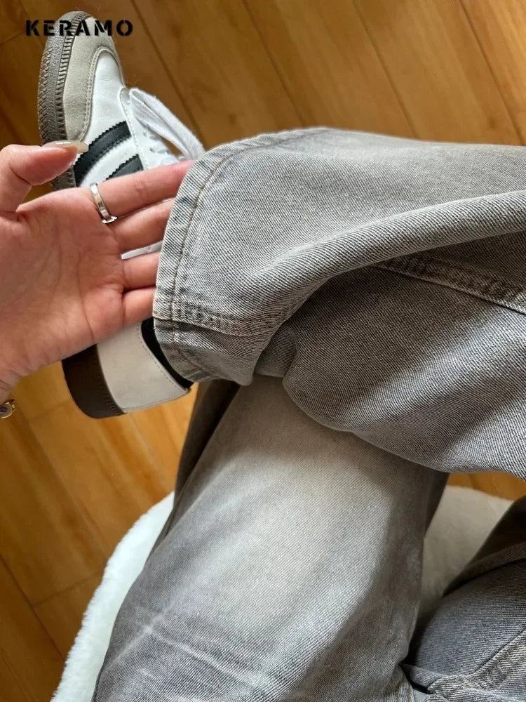 Women's Grey Vintage Jeans High Street Denim Trouser Casual Goth Pants High Waist Straight Streetwear Baggy Hosen Female Y2K
