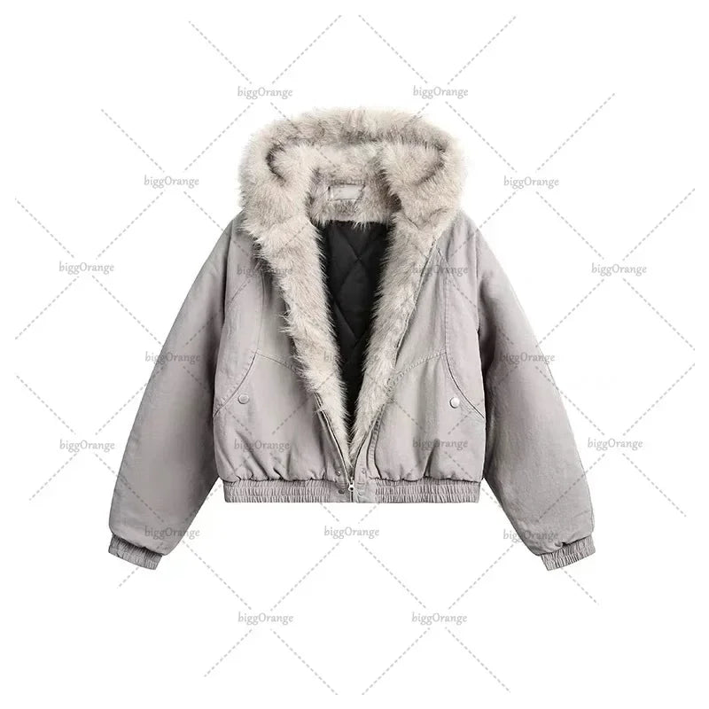 Retro Gothic Brown Plush Fur Leather Jacket Women Fashion Classic Vintage Autumn And Winter Zipper Casual Motorcycle Jacket