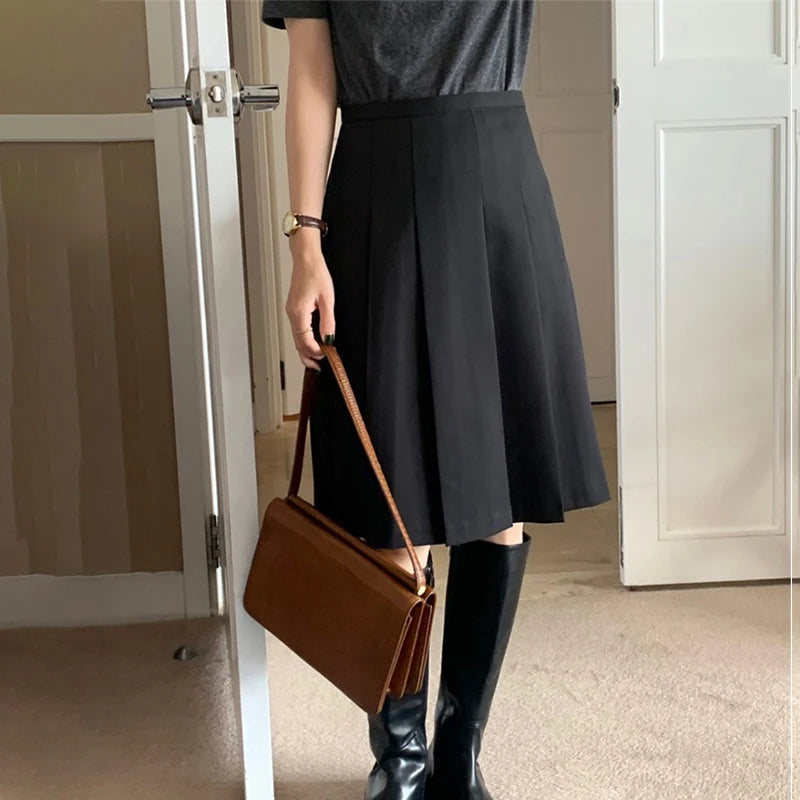 Khaki High Waist A-Line Skirt Women's Spring Summer New Sle Slimming Small Size Pleated Skirt Commute Sle