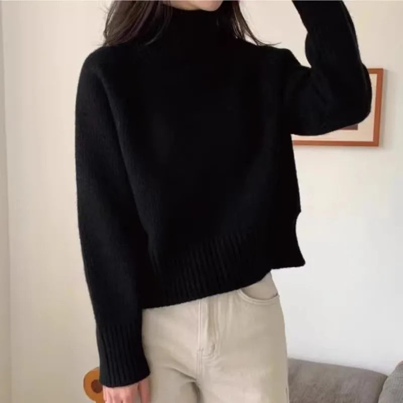 Euro-american style autumn and winter turtleneck slit 100% pure cashmere sweater for women loose thick knit wool base sweater