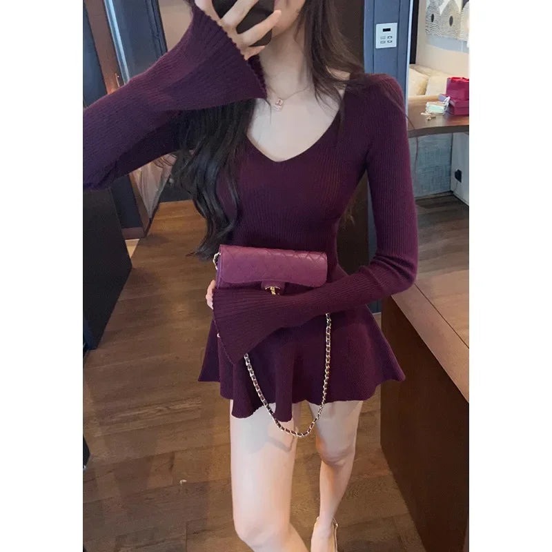 Zhiyi Early Autumn Long Sleeve Waist-Fitted V-Neck Knit Dress Women's Slimming Elegant Inner Mini Dress For Slimming And Smoothi