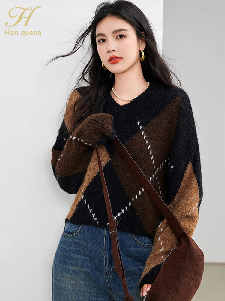 H Han Queen Winter Warm Thickened Lazy Diamond Plaid Loose Elastic Knit O-Neck Knitted Bottoming Women's Pullover Sweaters