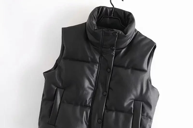 Autumn Winter PU Leather Coat Women Black Stand Collar Vests Women Fashion Zipper Elegant Short Vests Female Ladies
