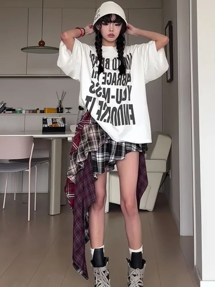 Y2K Women's Skirt Irregular Plaid Patchwork Large Size Summer Spice Girl Design A-line Skirt Trendy Pleated Streetwear Harajuku