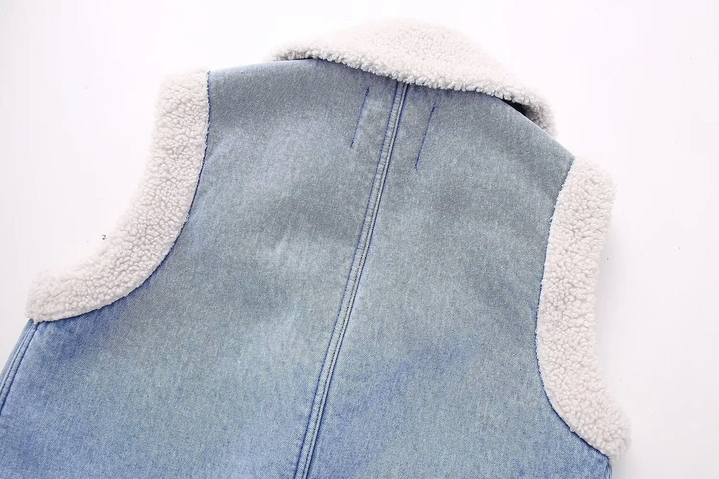 New Women Fashion Turn Down Collar Lamb PatchworkWashed Denim Vest Jacket Female Sleeveless Pockets WaistCoat Tops CT5477