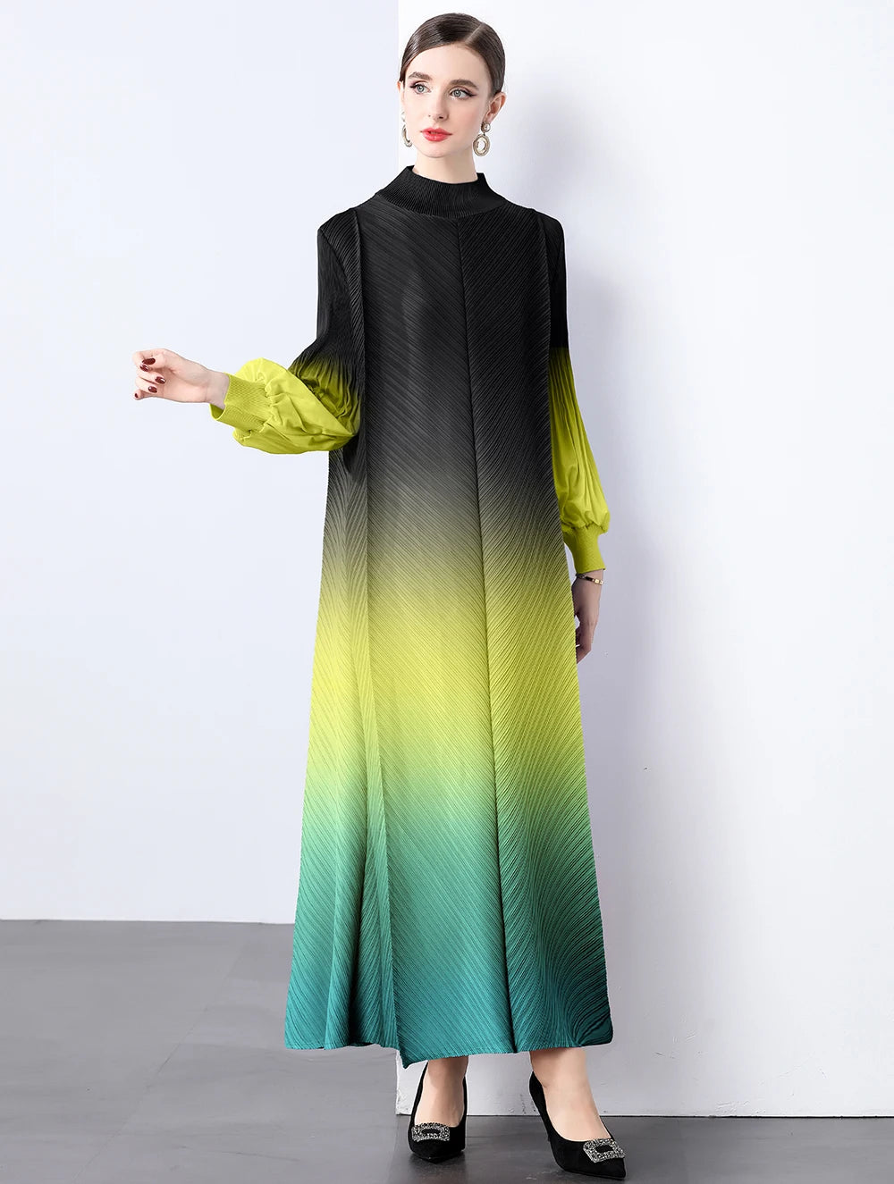 Miyake Wrinkles Pleated Printed Chiffon Maxi Dresses Middle Eastern Clothing Women Loose Women High Neck Long Sleeves Stitching