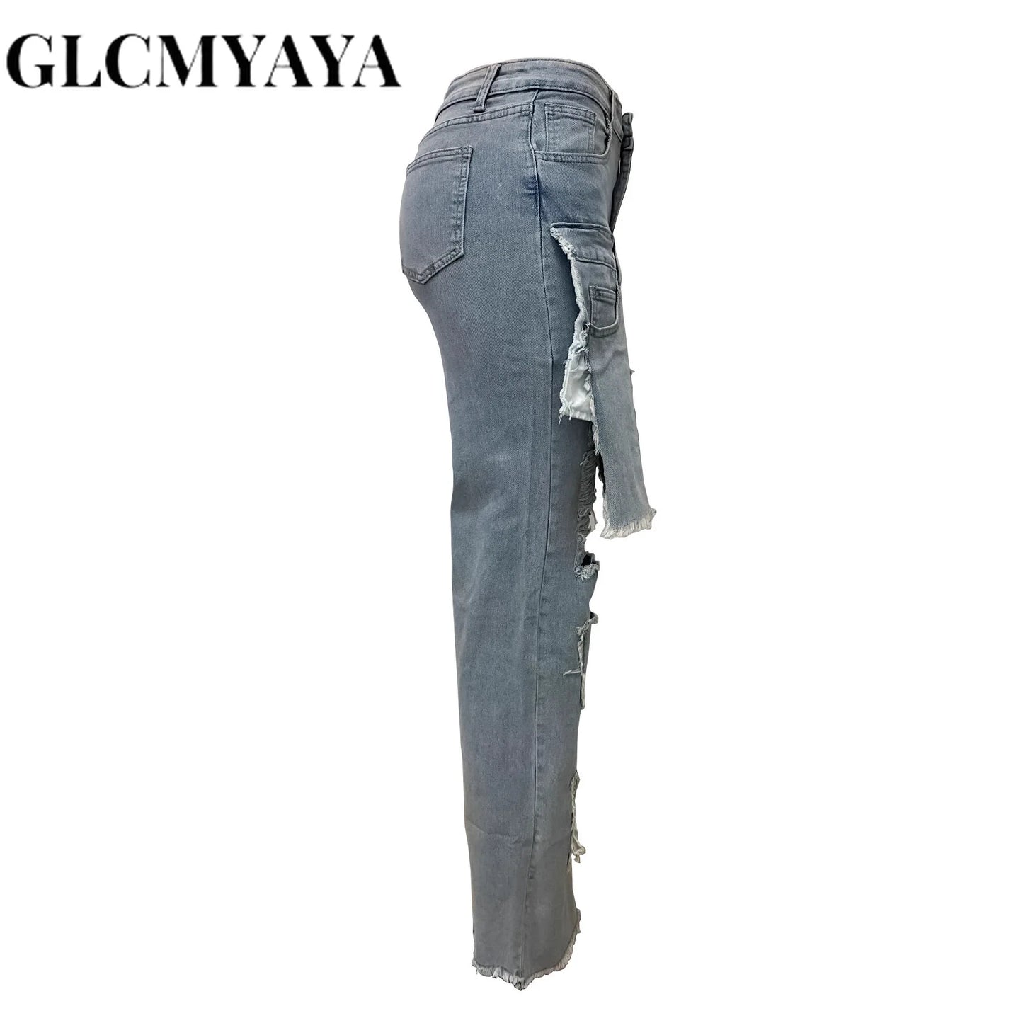 GLCMYAYA Women's Straight Ripped Jeans 2025 New Fashion Street Pocket Patchwork Sexy Long Pants Trousers Blue Vintage Pants