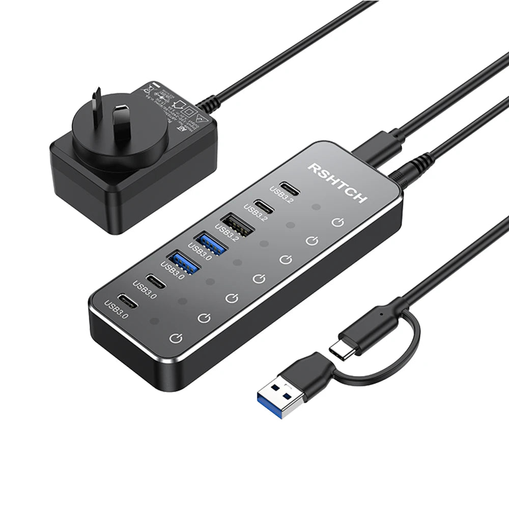RSHTECH Powered 7 Port 10Gbps Data USB Hubs Individual On/Off Touch Switches Splitter for Surface Windows PC Laptop Desktop