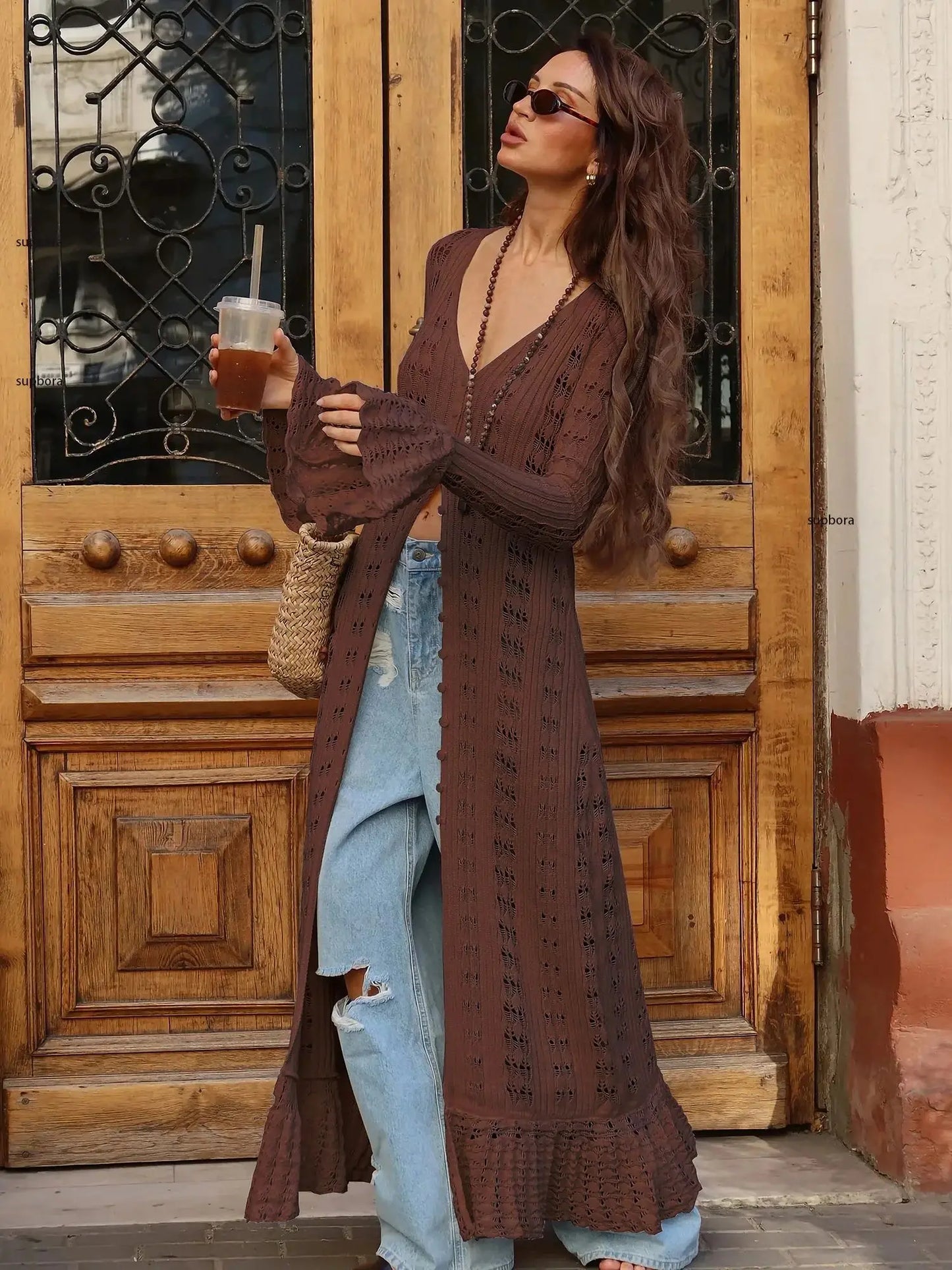 Hollow Breasted Sweater Long Dress Women Summer Party Dresses Cover Up Elegant Slim Split Maxi Vestidos Holiday Beach Robe