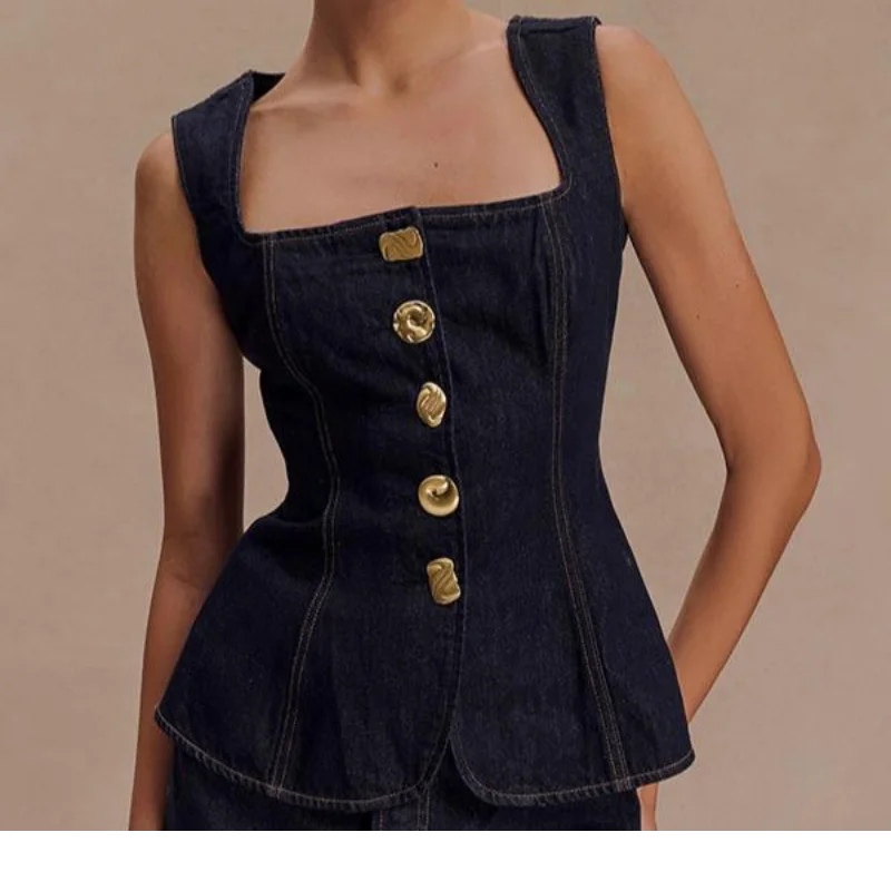 Women Vintage Denim Top Pant Set Square Collar Single Breasted Tank High Waist Jeans Female Sets 2025 Fashion Y2k Denim Outfits