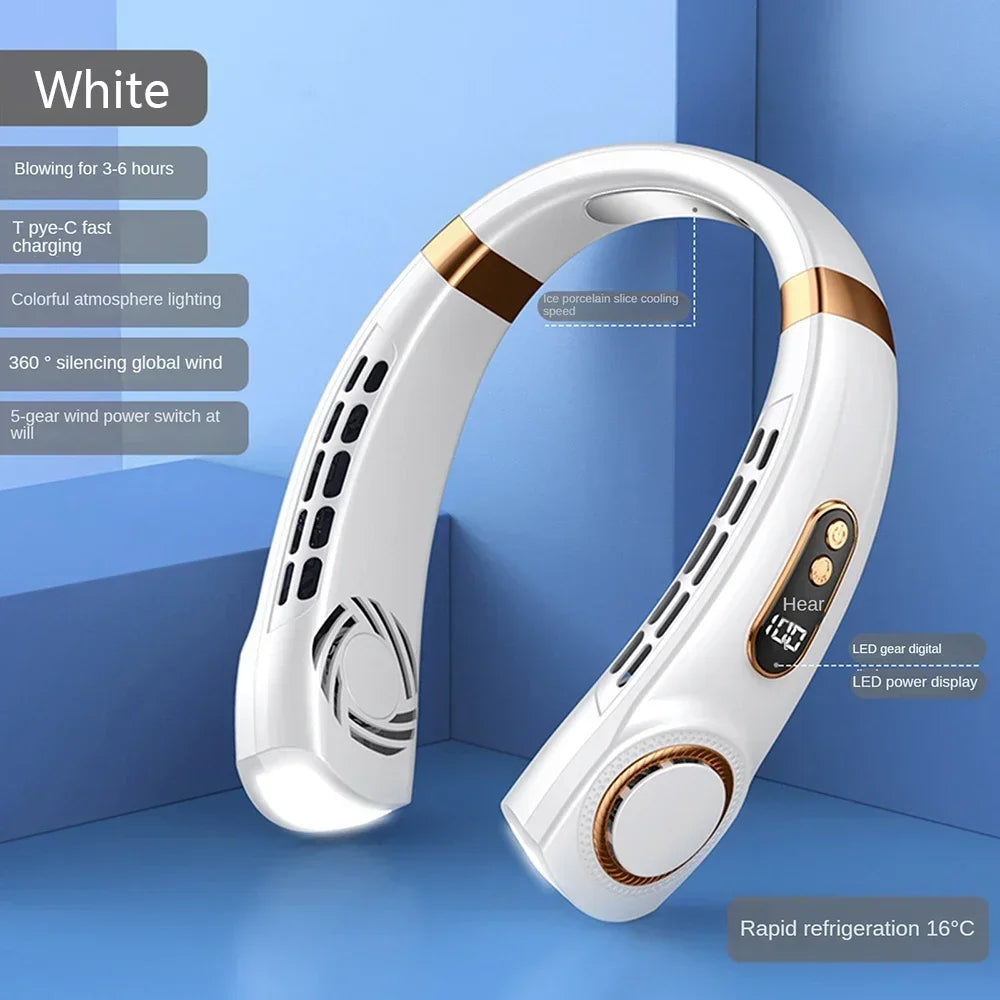 Portable Neck Fan, Leafless Mini Electric Fan with LED Lights 5 Gear Air Cooling Fan, USB Rechargeable Mute LED Digital Display