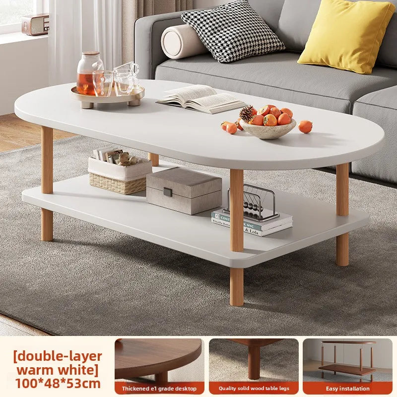 Coffee Table for Living Room Oval Small Space Furniture for Apartment Modern Simple Low Double-Layer Storage Table Easy Clean