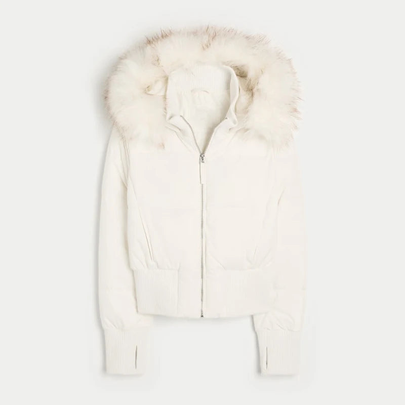 Vintage Women's Cropped Hooded Coats Fur Collar Full Sleeve Single Breasted Pocket Jacket 2025 Autumn Lady Y2K Warm Outwears New