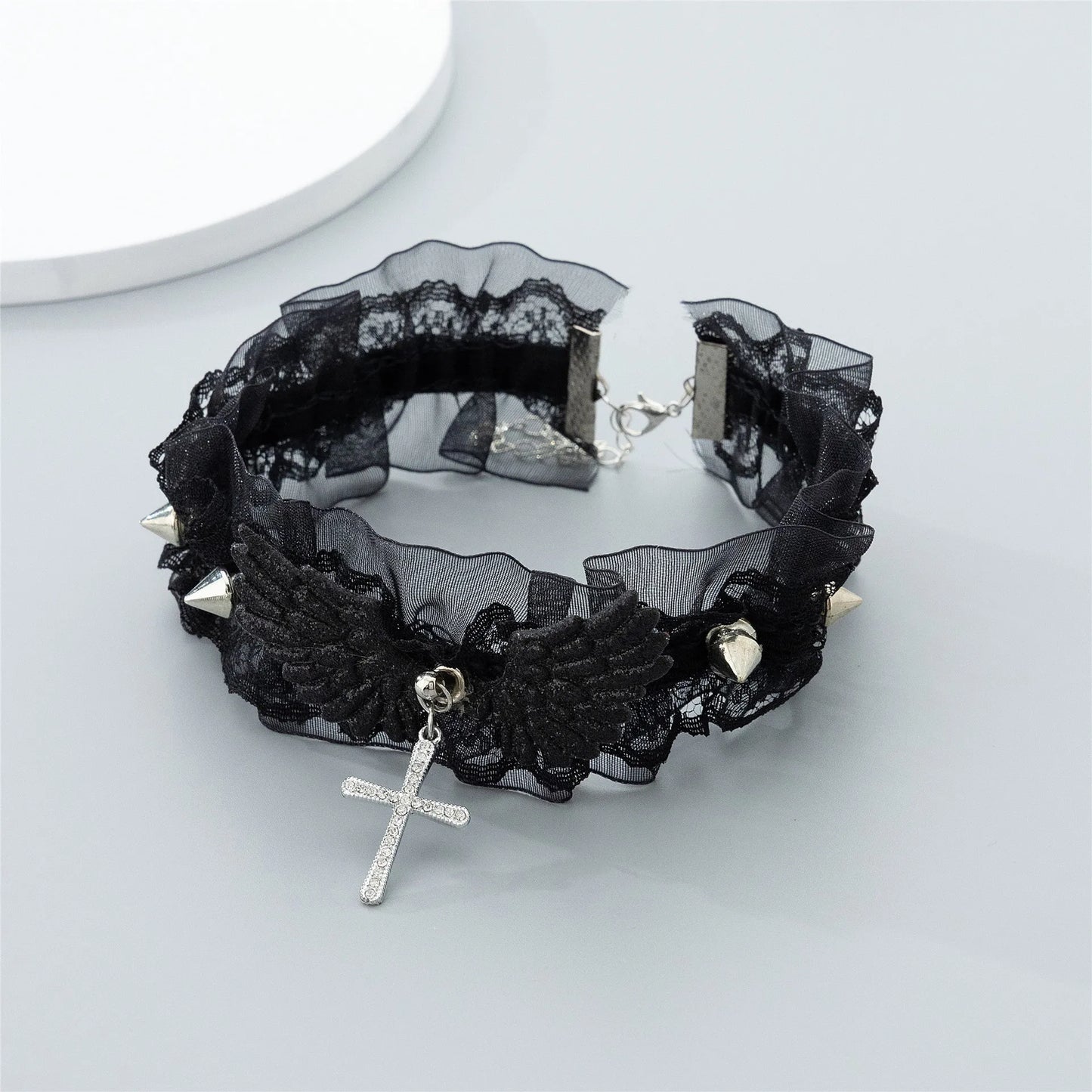 Fashion Solid Color Women Girls Necklace Wide Lace Rivets Lolita Lace Choker Y2K Angel Wings Cool Leather Necklace Daily Wear