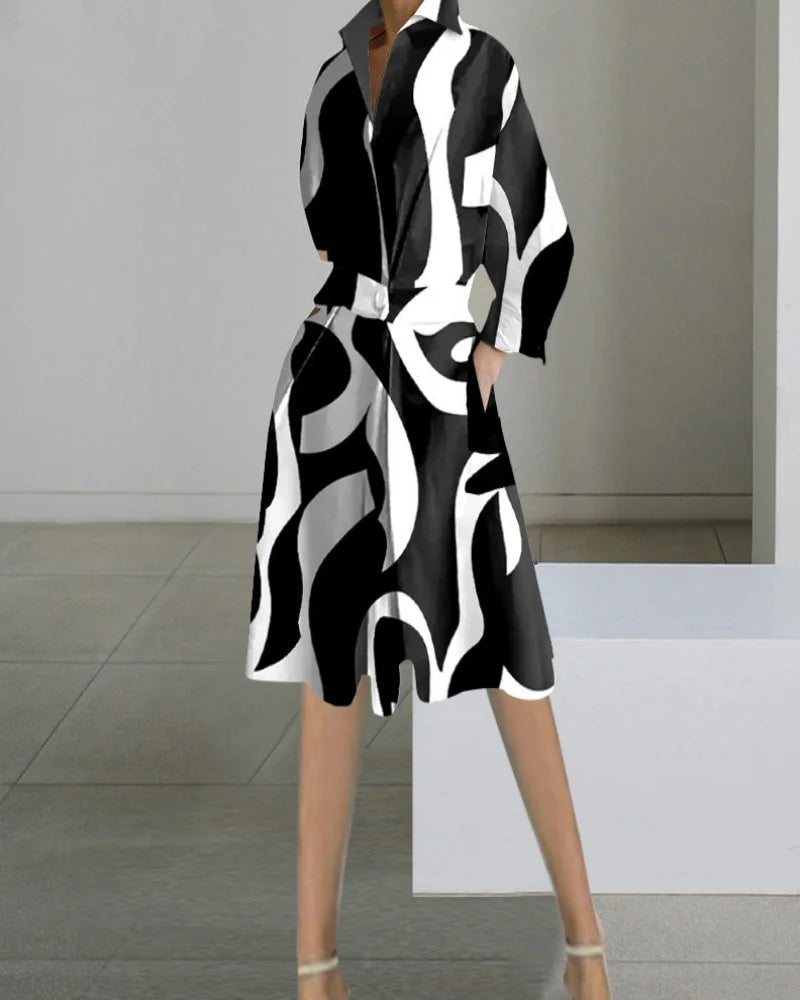 Women's Autumn Dress Long Sleeve Dot Print Elegant Midi Dresses White Casual V Neck Pockets Women Shirt Party Dresses Vestido