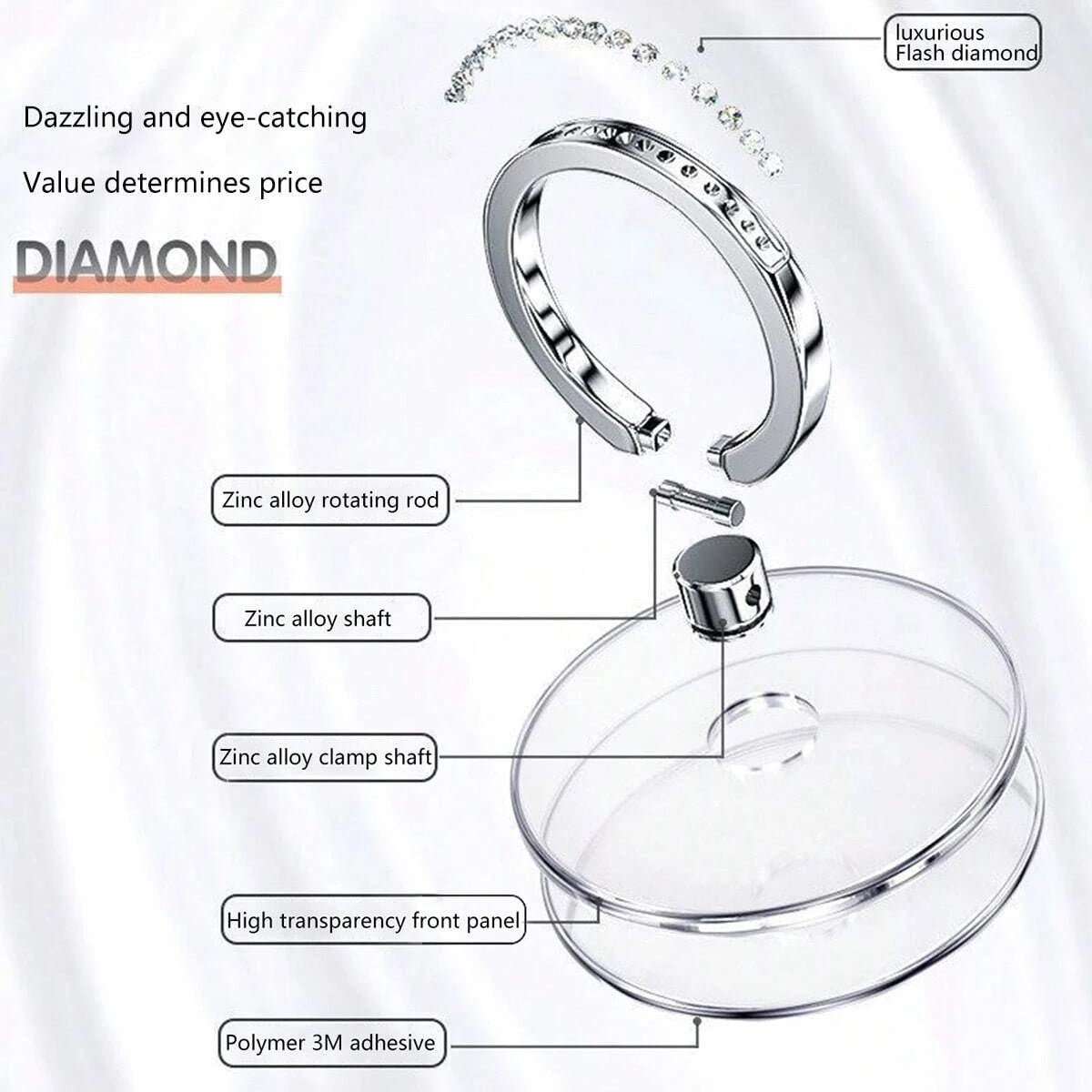 Crystal Diamond Transparent Phone Ring Holder 360° Rotatable Universal Finger Grip Stand Compatible with All Phones & Cases 1PC