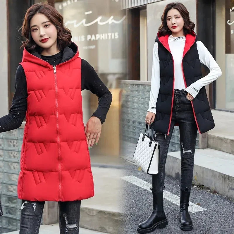 Double Side Vest Korean Slim Hooded Down Cotton Vest Women Waistcoat Sleeveless Jacket 2025 Autumn Winter Jacket Female Coat