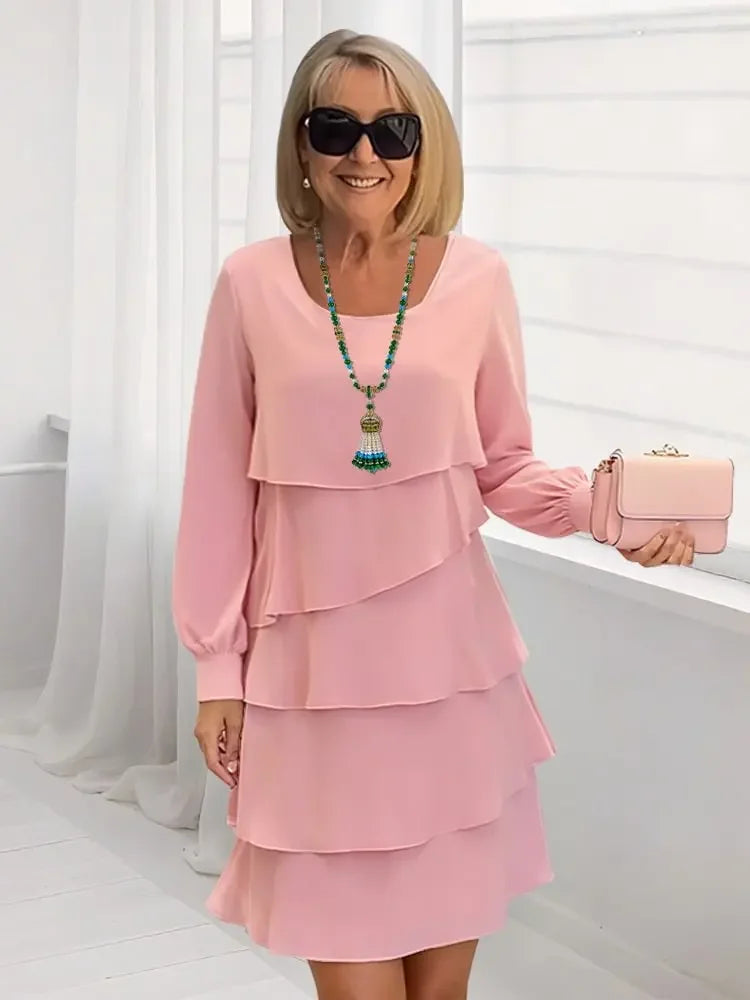 Autumn Women's Cake Chiffon Dress New Casual Elegant O-Neck Party Irregular Layered Long Sleeve Fashion Mini Dresses For Women
