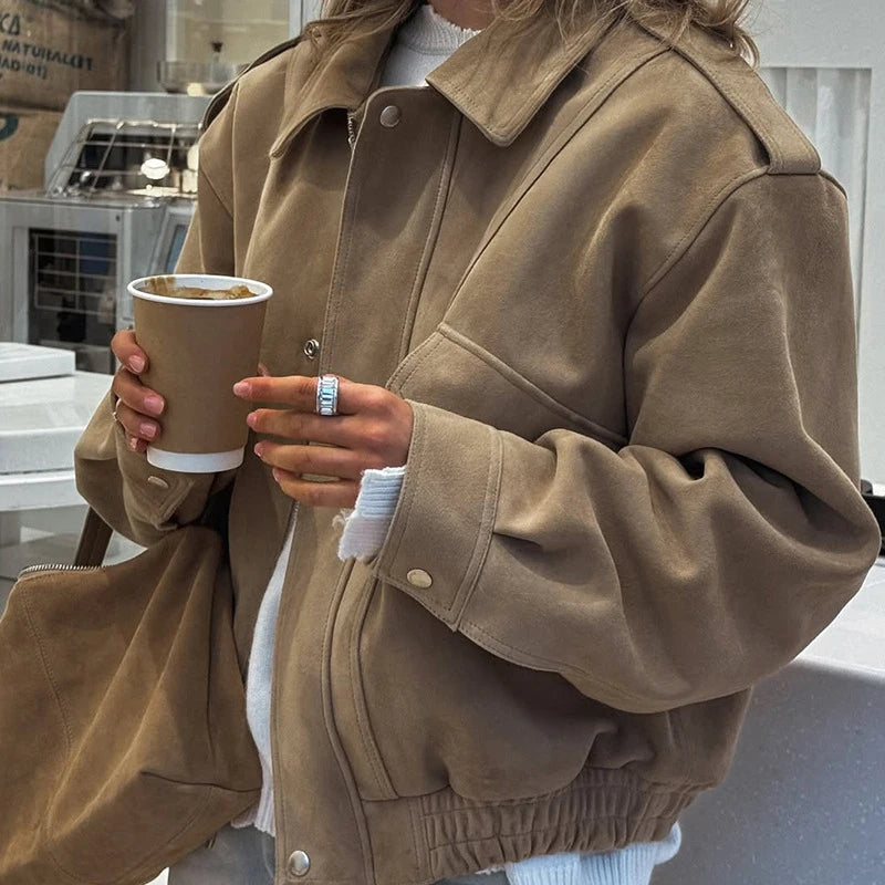 Chic Suede Bomber Jackets Women Loose Lapel Zipper Long Sleeve Pockets Female Coats 2025 Autumn Lady Commute Outwear New