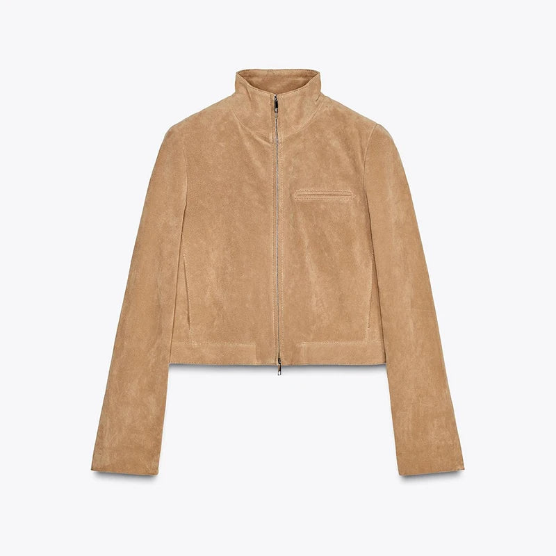 Street Women's Short Suede Jackets Stand Collar Zipper Full Sleeve Female Coats 2025 Autumn Lady Fashion Y2k Outwear New