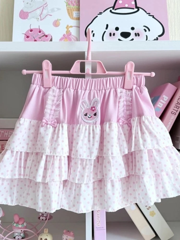 Sweet Japanese Elastic Waist Pink Polka Dot Skirts Kawaii Fashion Patchwork Loose Short Skirt Women's Design Bow Lovely Outfits