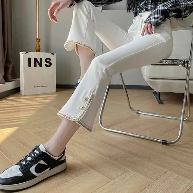 Spring New Flare Imitation Jeans Women Solid Button Zipper Patchwork Pocket Cotton Fashion High Waist Slim Fit Straight Pants