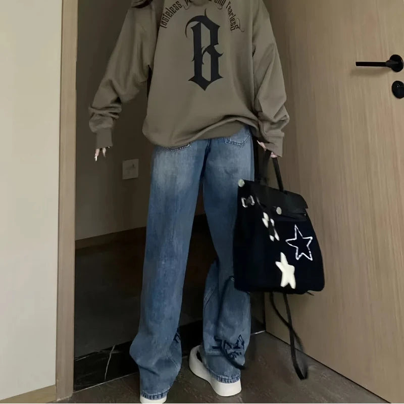 American Style Summer Jeans Women's High Waist Pockets Letter Printing Zipper Washing High Street Casual Wide Leg Straight Pants