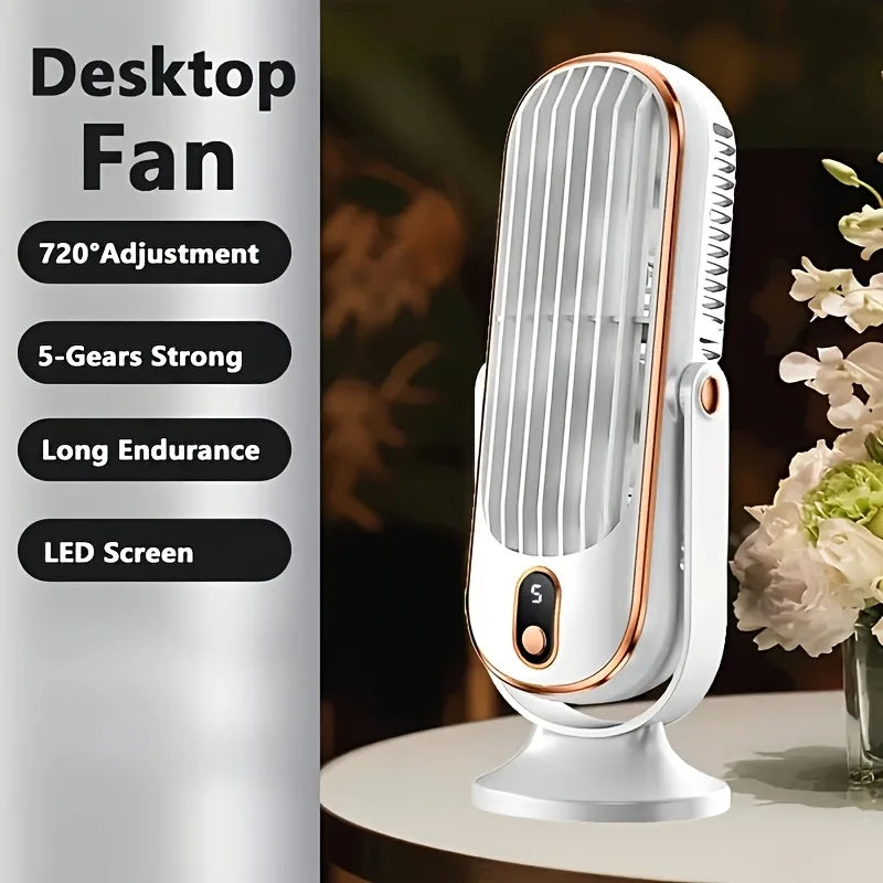 Portable Desktop Fan, Large Battery Dual Motor Home Small AirCooler, 5 Speed Air Cooling Fan 720° Surround Blower, Office