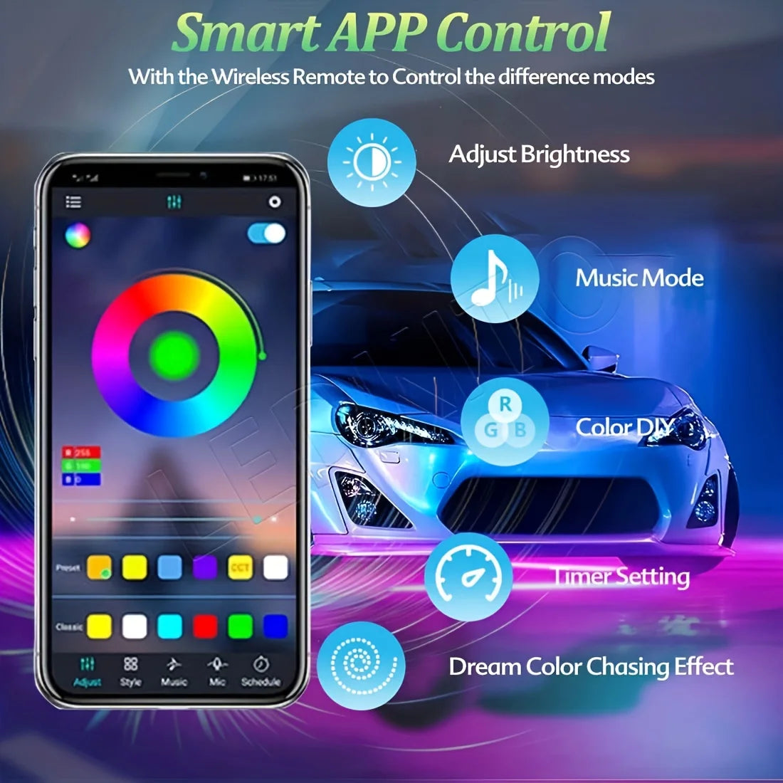 4pcs Car Underglow Neon Accent Strip Lights, App Control 16 Million Colors Music Mode Car Underglow Strip Lights Car Accessories