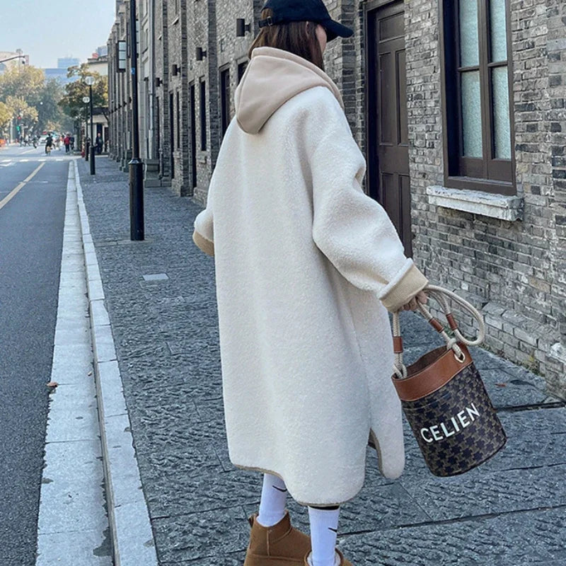 Hooded Wool Coats Women Autumn Winter Thicken Korean Style Casual Lambswool Loose Simple All-match Streetwear Patchwork Elegant