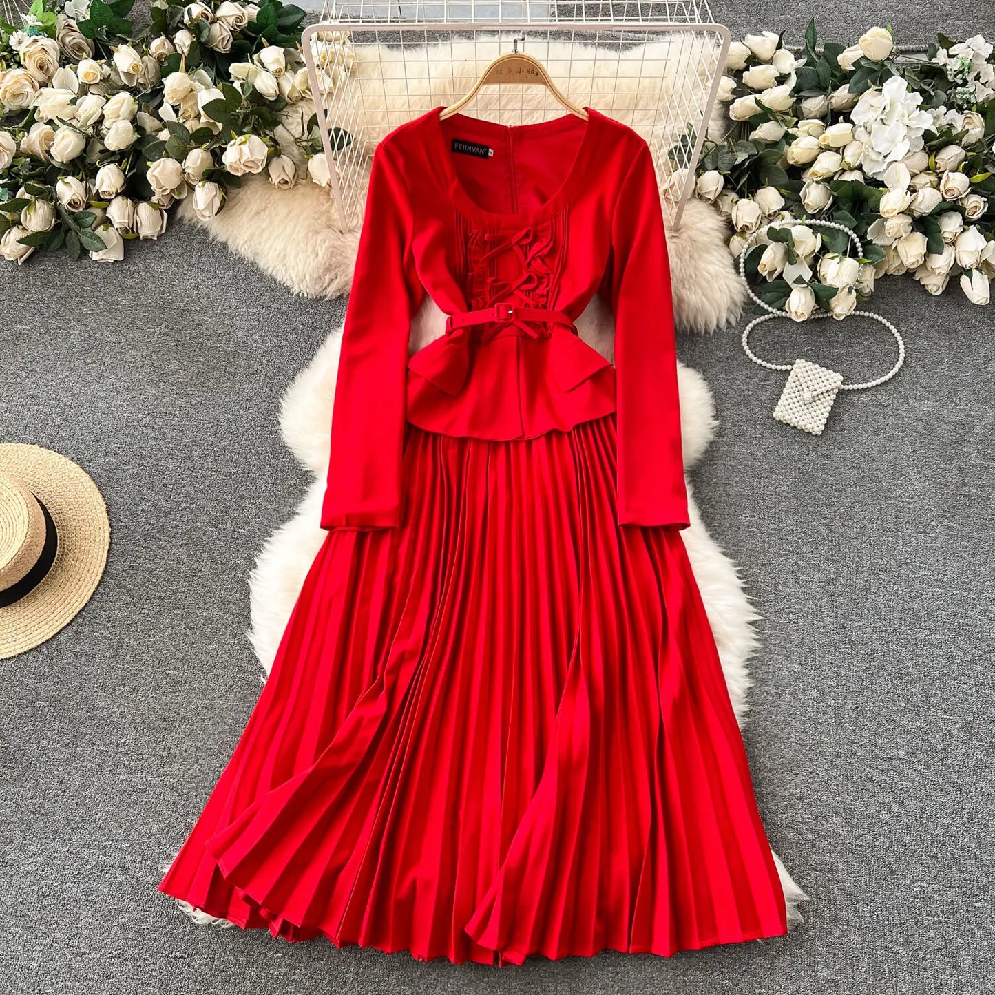 Autumn Winter Bow Dress Women Ruffles Long Sleeve Midi Vestidos Office Lady